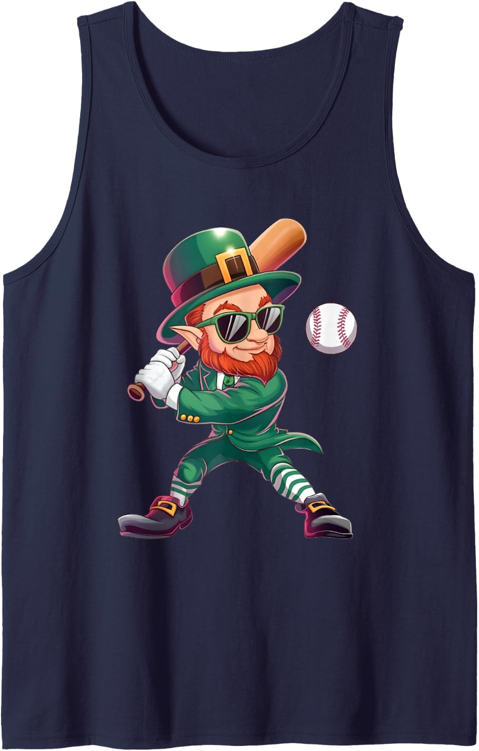 Leprechaun Playing Baseball Funny St Patricks Day Sports Fan Sleeveless Tank Top - Navy Blue