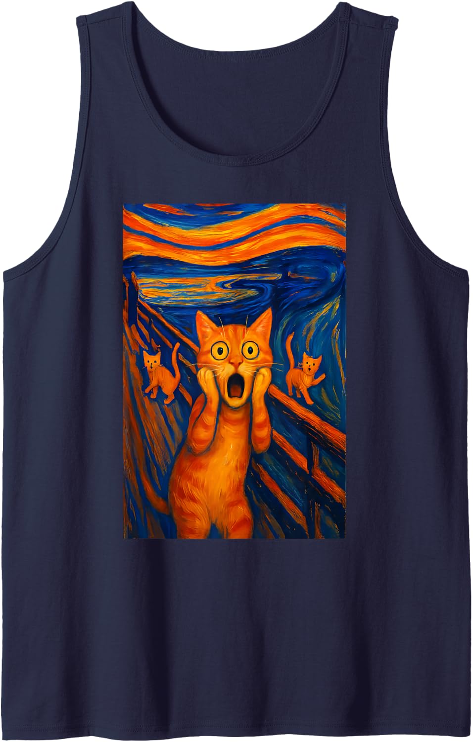Funny Cat Design | The Meow | Orange and Blue | Graphic Sleeveless Tank Top - Navy Blue