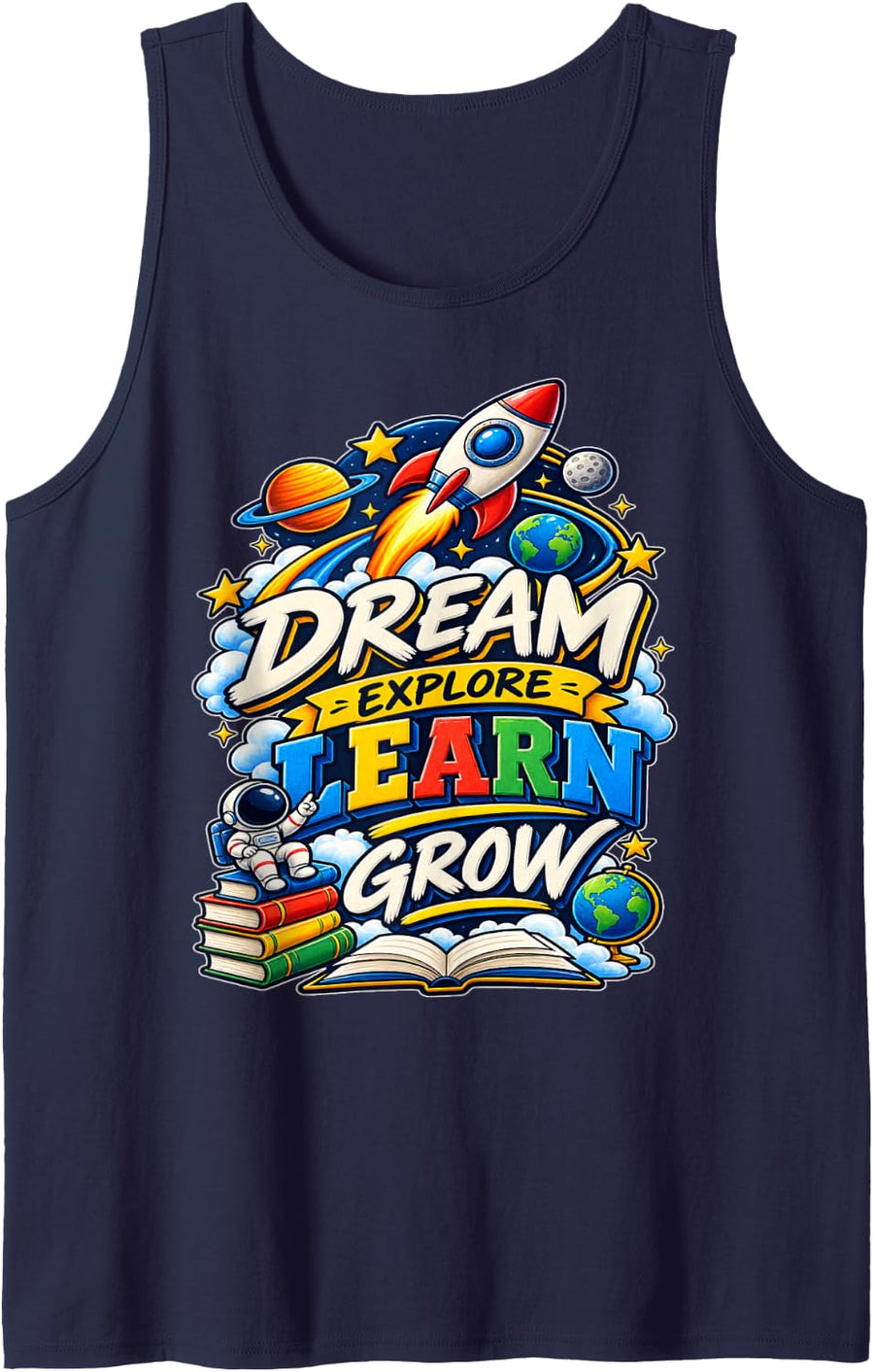 Dream Explore Learn Grow Back to School Space Teacher Kids Tank Top - Navy Blue