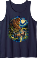 Bigfoot Boop Otter Starry Night Sasquatch Cryptid Full Moon Sleeveless Tank Top - Navy Blue