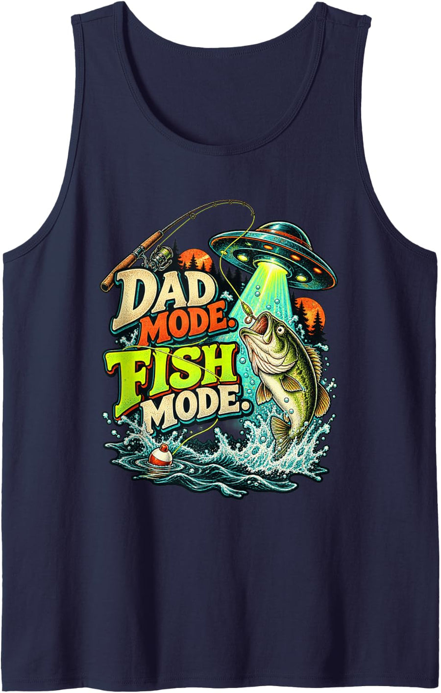 Dad Mode Fish Mode Funny Fishing UFO Bass Angler Sleeveless Tank Top - Navy Blue