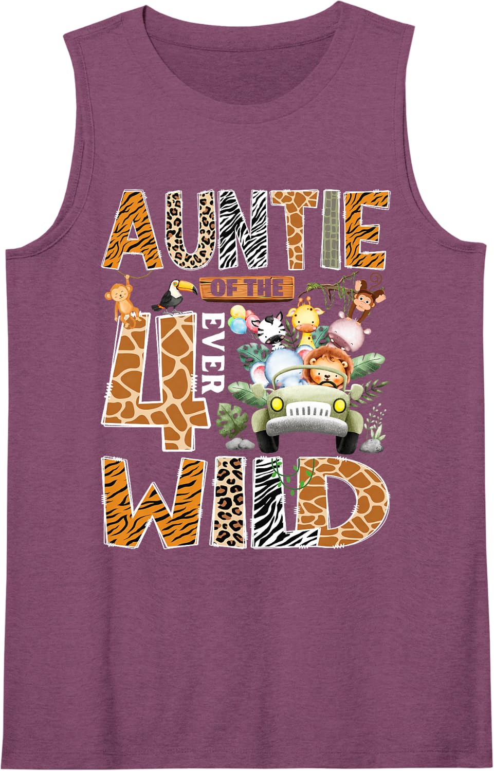 Auntie of The Four Ever Wild Safari Zoo 4th Birthday Boy Sleeveless Tank Top - Purple