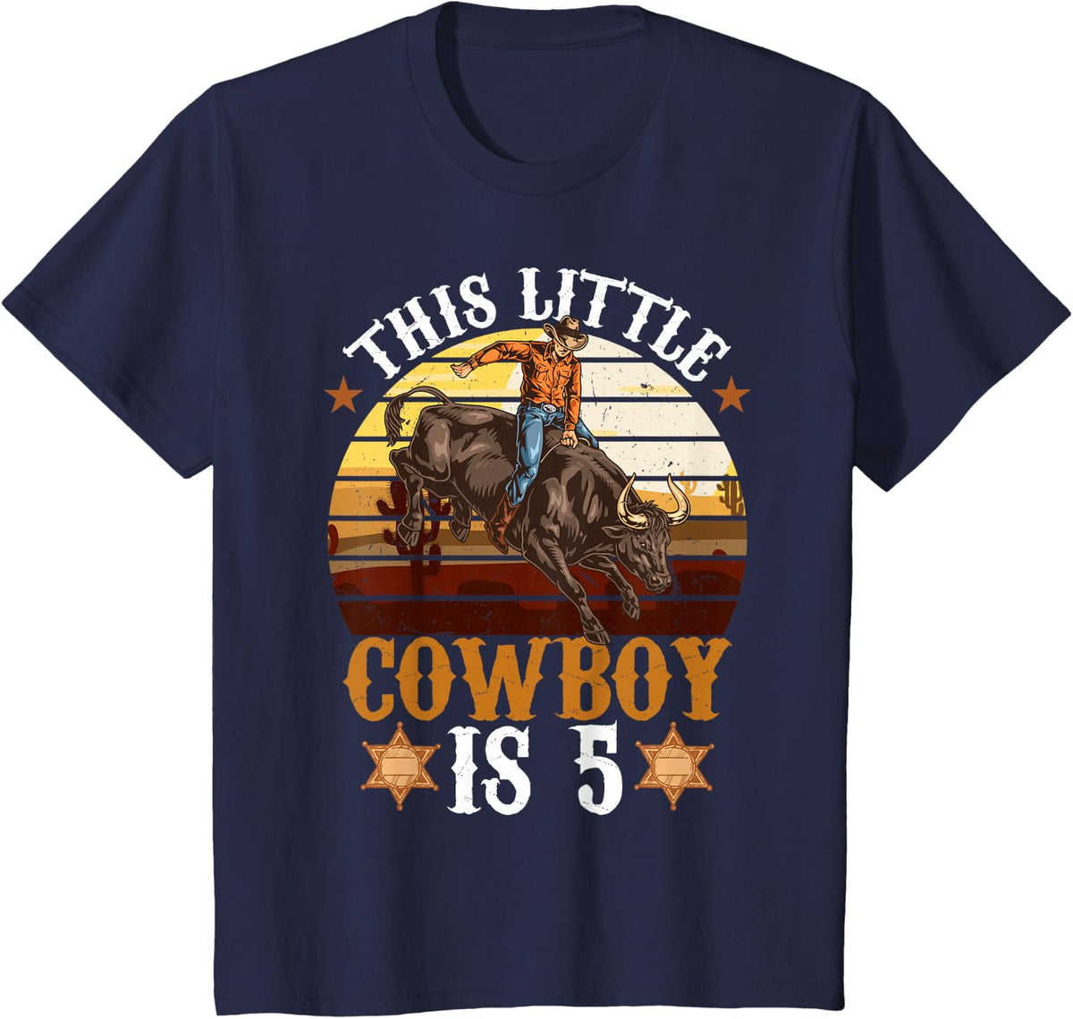 Bull Riding 5th Birthday 5 Years Old Cowboy Western Rodeo T-Shirt Tee for Boys Girls - Navy Blue