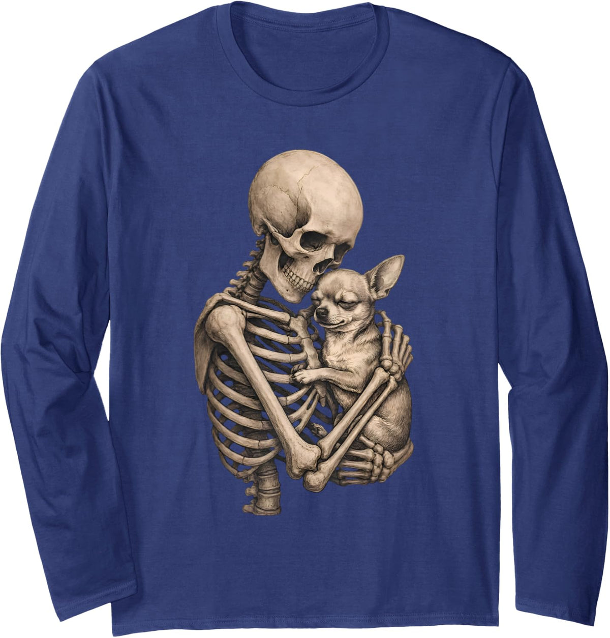 Halloween Gothic Skeleton Chihuahua Spooky Dog Lover Present Long Sleeve T-Shirt - Adult Unisex Navy Blue