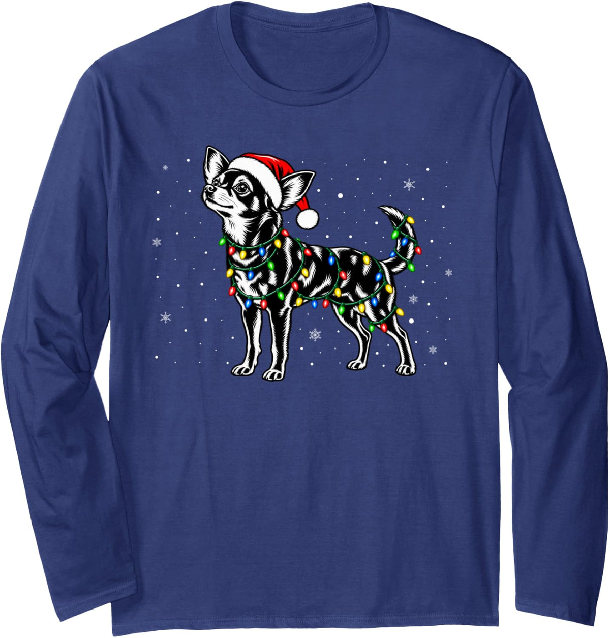 Chihuahua Dog Christmas Tree Lights Xmas Men Women Kids Long Sleeve T-Shirt - Adult Unisex Navy Blue