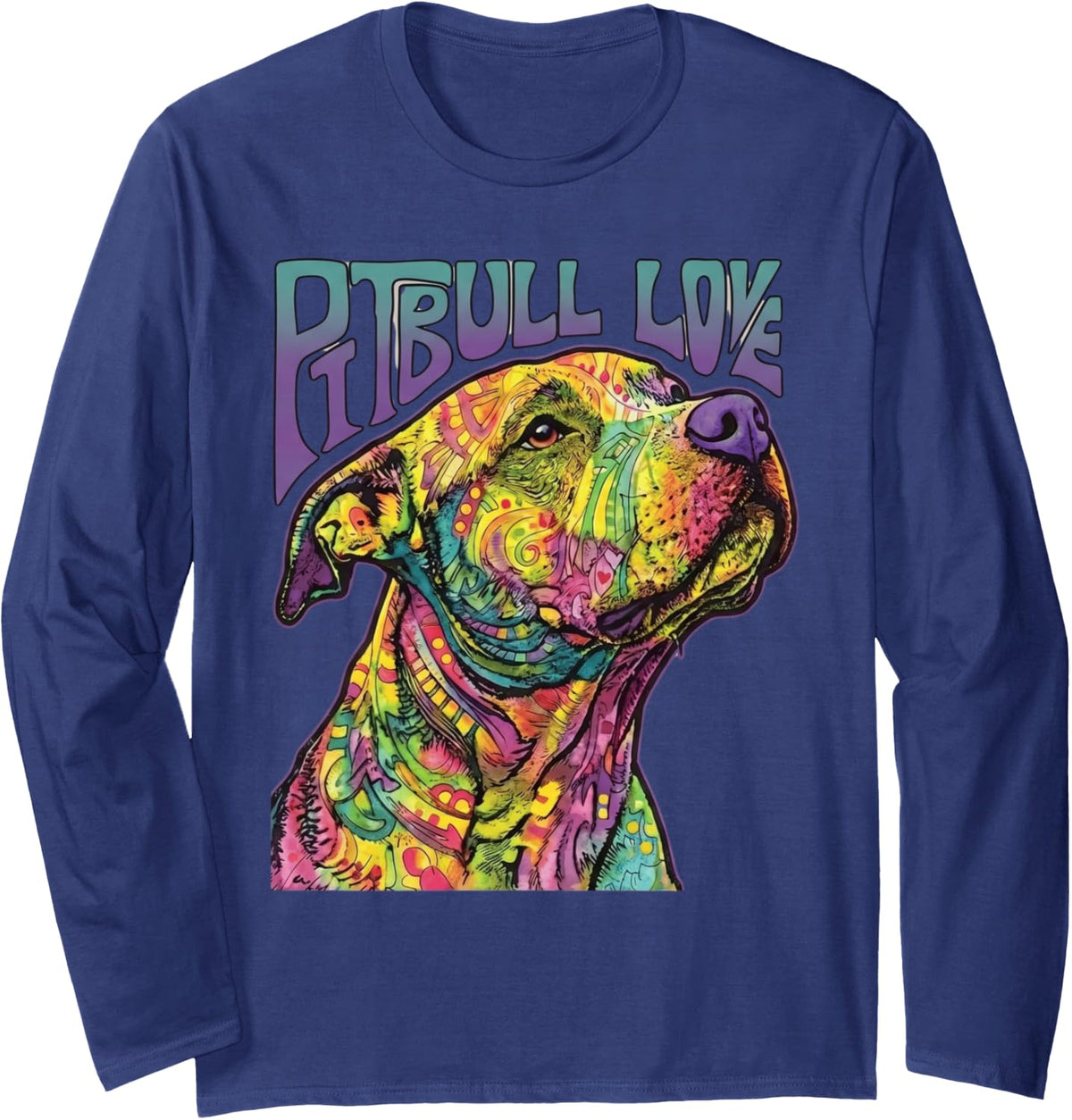 Colorful Pitbull Love Psychedelic Dog Graphic Long Sleeve T-Shirt - Adult Unisex Navy Blue