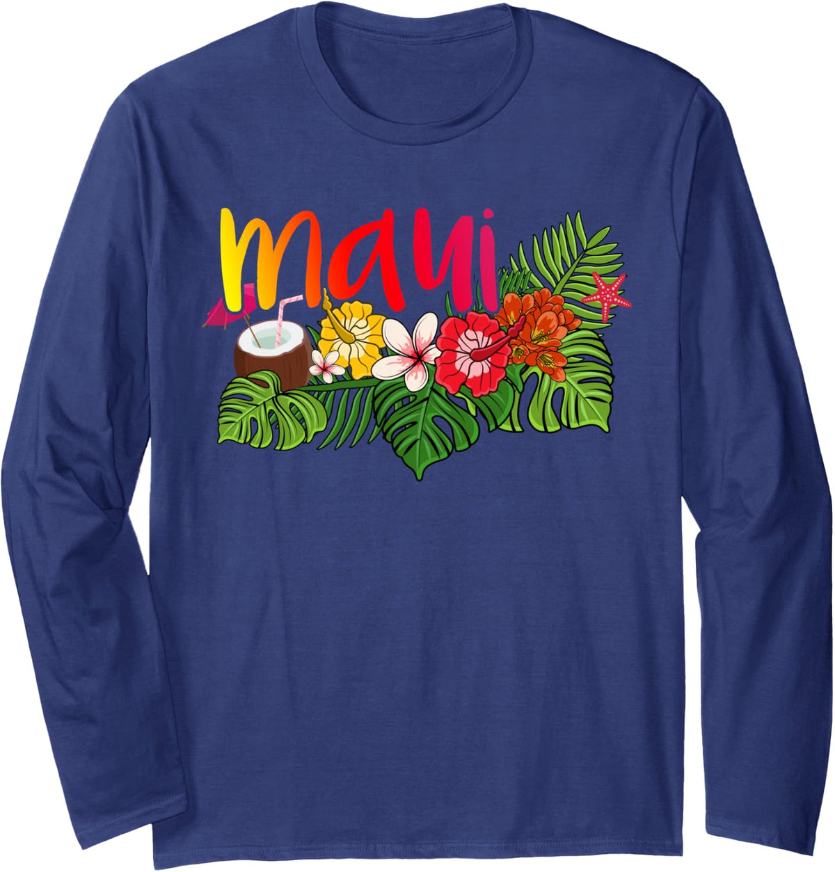 Maui Hawaiian T Shirt Hawaii Hibiscus Flower Women Girl Teen Long Sleeve T-Shirt - Adult Unisex Navy Blue
