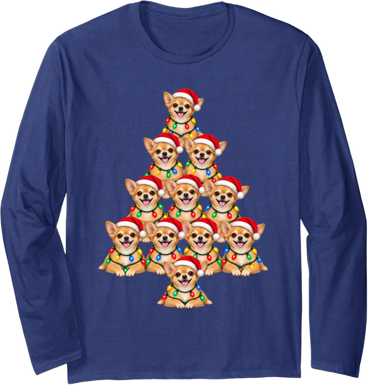 Chihuahua Dog Christmas Tree Santa Hat Pet Dogs Lover Xmas Long Sleeve T-Shirt - Adult Unisex Navy Blue