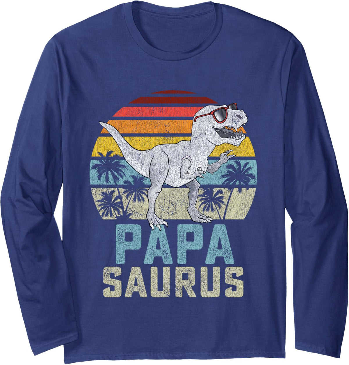 Papasaurus T Rex Dinosaur Papa Saurus Family Matching Long Sleeve T-Shirt - Adult Unisex Navy Blue