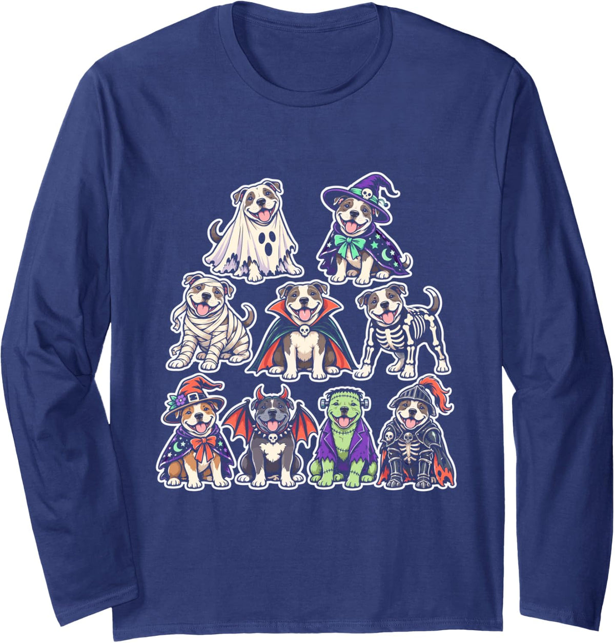 Pitbull Halloween Funny Spooky Dog Costume Ghost Witch Mummy Long Sleeve T-Shirt - Adult Unisex Navy Blue