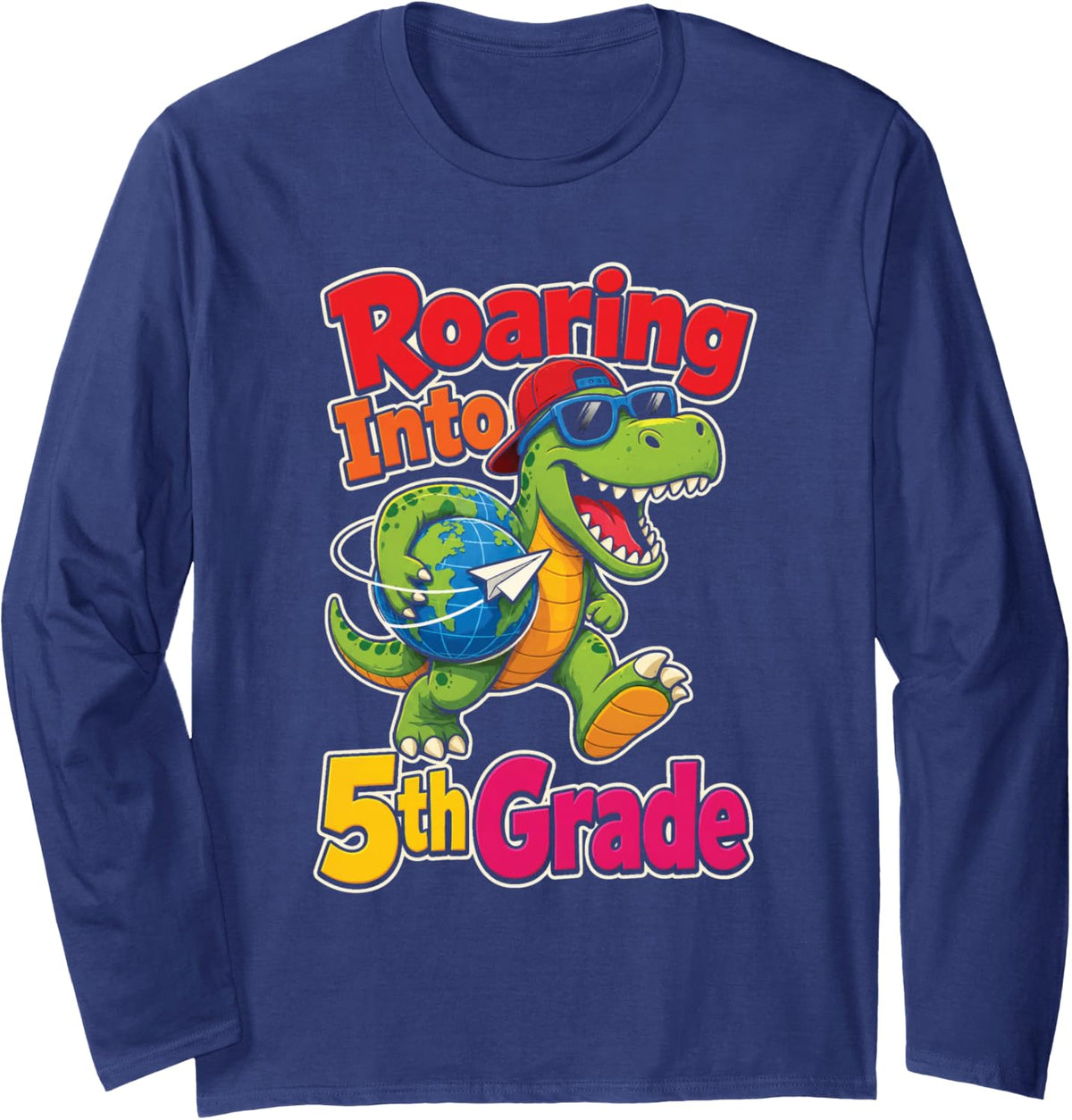 Fifth Grade Dinosaur Roaring Into 5th Grade Long Sleeve T-Shirt - Adult Unisex Navy Blue