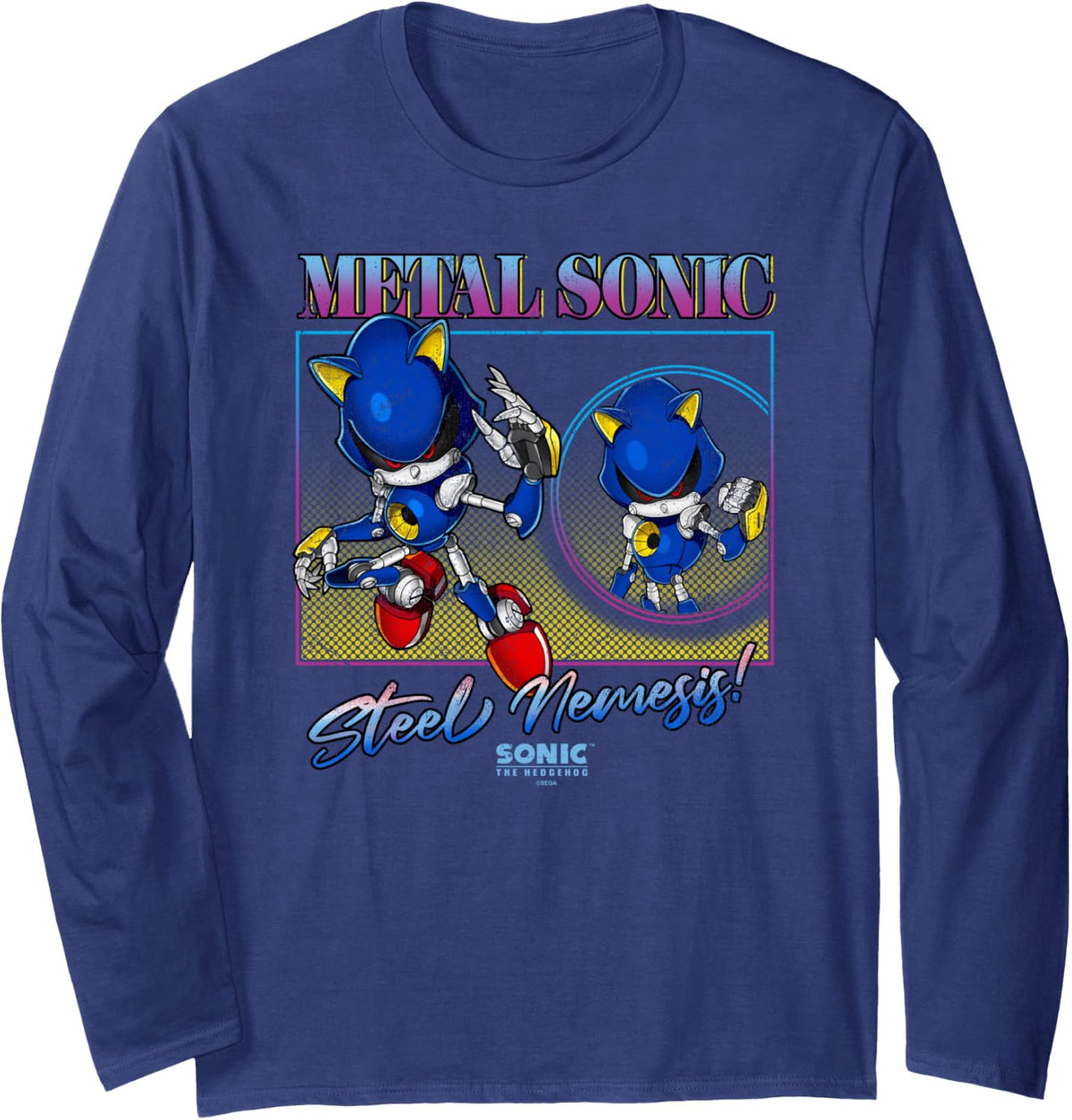 Sonic The Hedgehog Metal Sonic Steel Nemesis! Distressed Long Sleeve T-Shirt - Adult Unisex Navy Blue