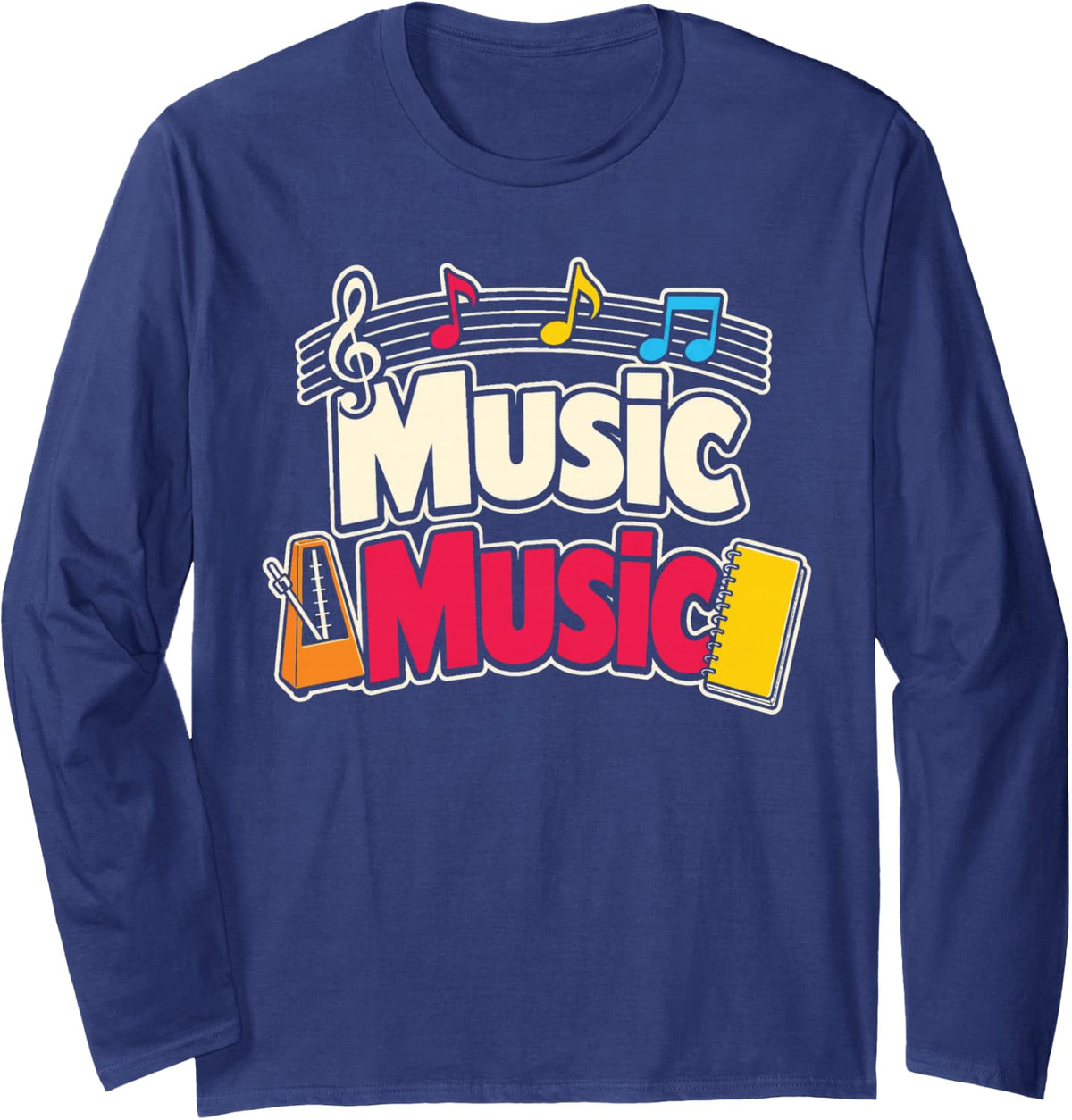 Elementary Music Teacher Gift Treble Clef Metronome Notes Long Sleeve T-Shirt - Adult Unisex Navy Blue