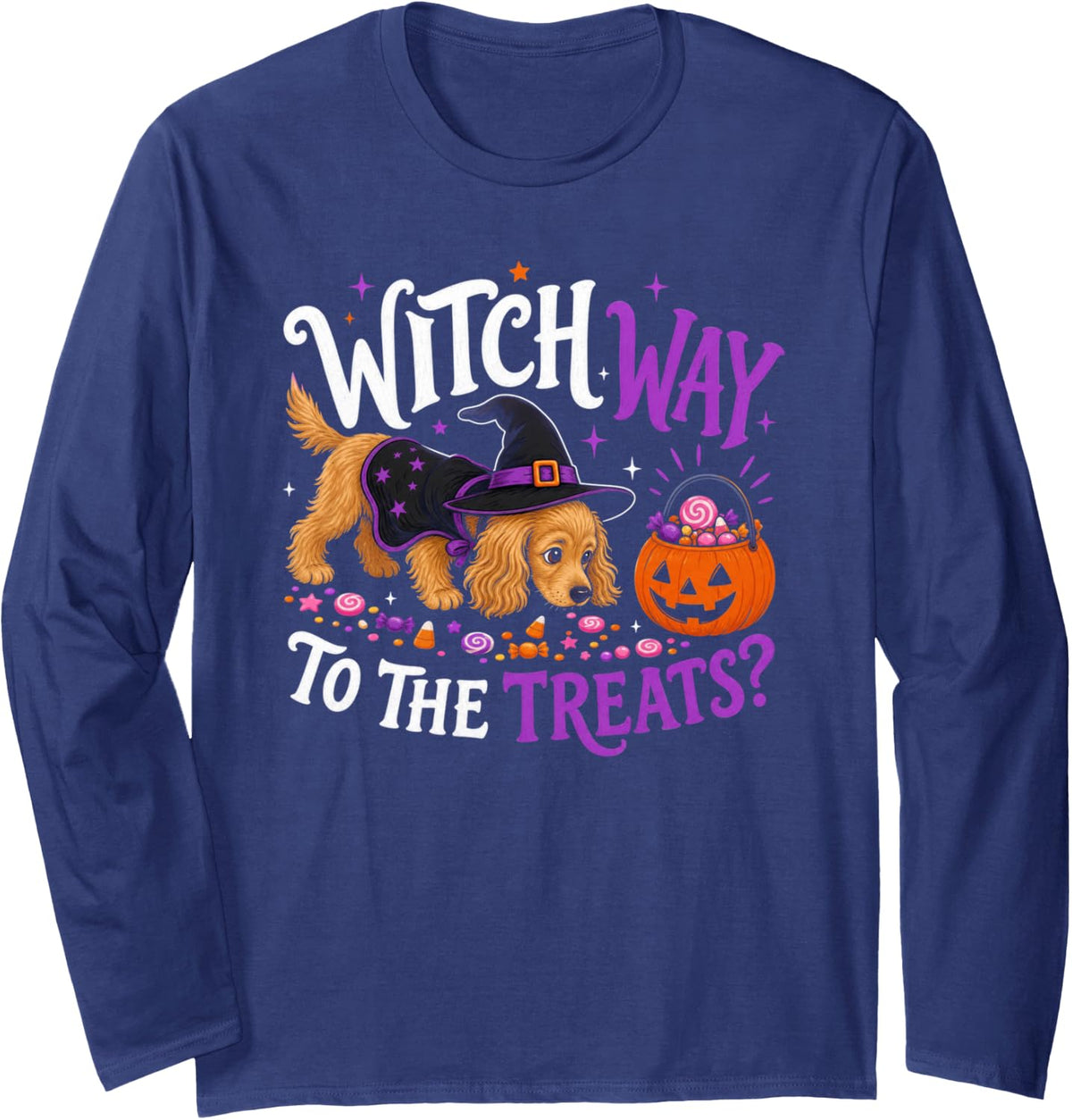 Halloween Cocker Spaniel Witch Way to the Treats Long Sleeve T-Shirt - Adult Unisex Navy Blue