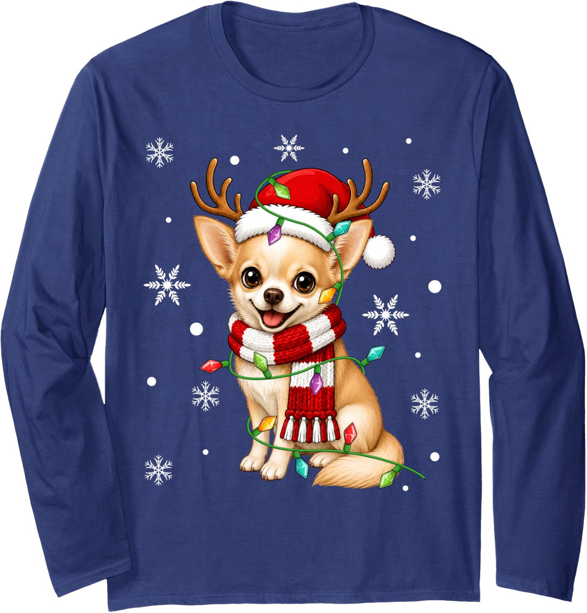 Chihuahua Dog Christmas Lights Santa Hat Scarf Xmas Long Sleeve T-Shirt - Adult Unisex Navy Blue