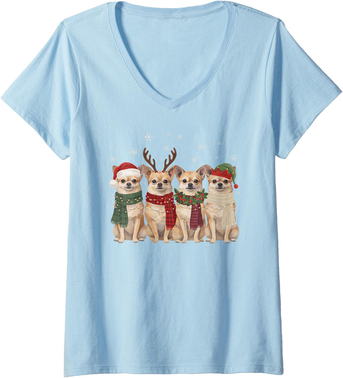 Women's Funny Chihuahua Christmas Friends Scarves Dog Mom Dad Lover V-Neck T-Shirt - Baby Blue