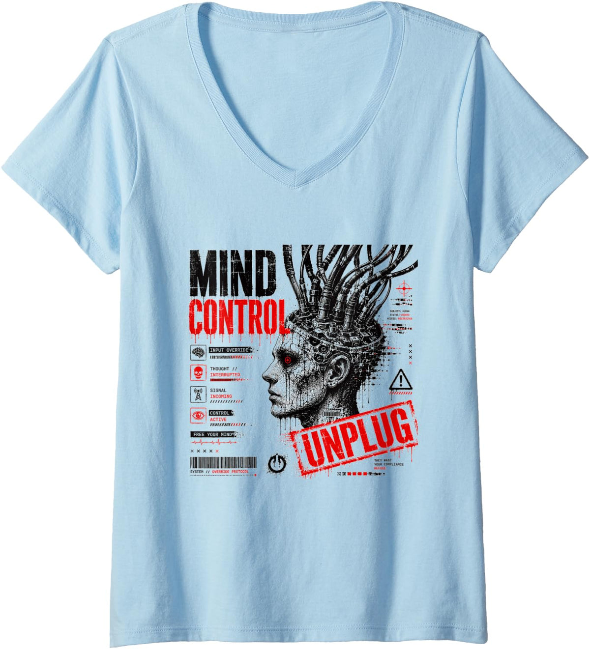 Women's Mind Control Unplug Cyberpunk Dystopian Glitch Art V-Neck T-Shirt - Baby Blue