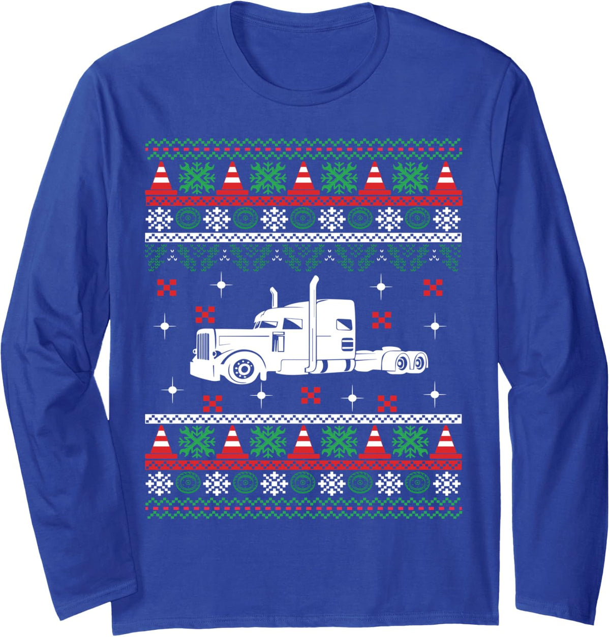 Truck Driver Christmas Ugly Sweater Trucker Long Sleeve T-Shirt - Adult Unisex Royal Blue