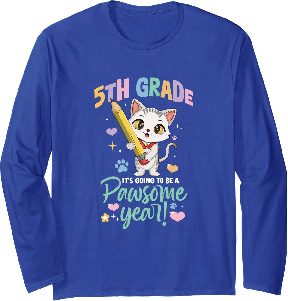 First Day of School Pawsome Year Cat 5th Grade Cute Kitty Long Sleeve T-Shirt - Adult Unisex Royal Blue