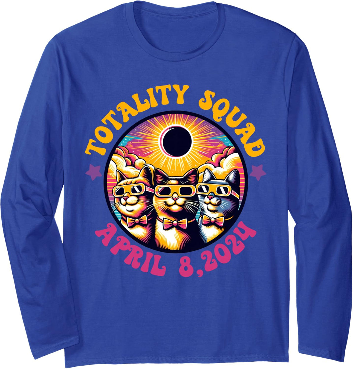 Matching Totality Squad Tees, Funny Cats Total Solar Eclipse Long Sleeve T-Shirt - Adult Unisex Royal Blue