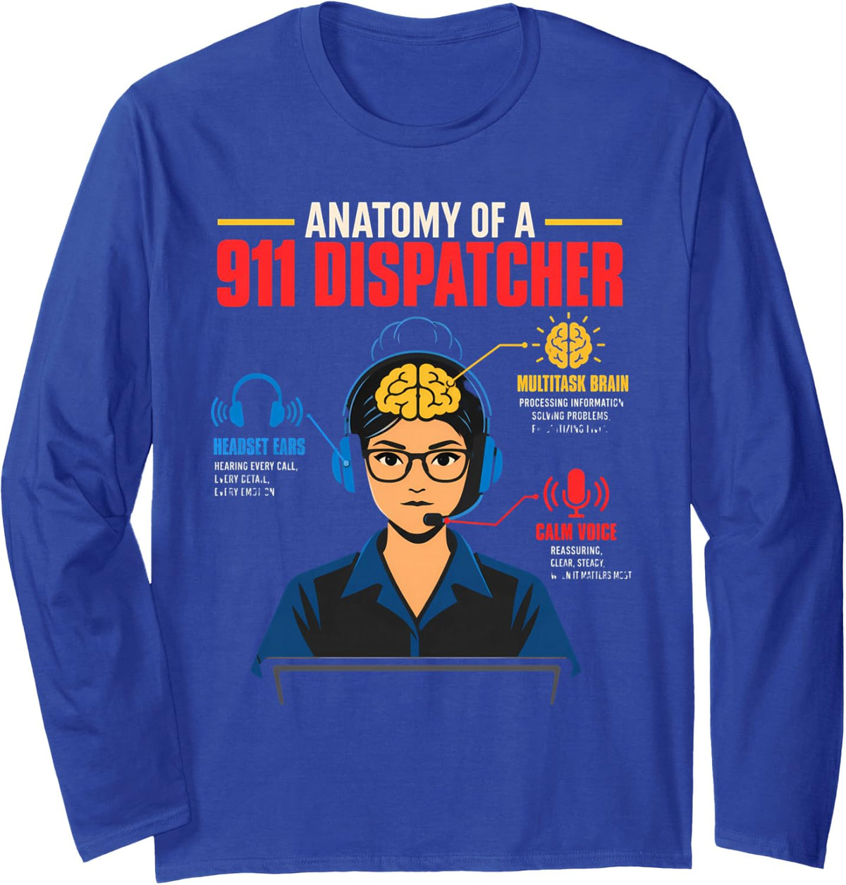 Anatomy of a 911 Dispatcher Public Safety Long Sleeve T-Shirt - Adult Unisex Royal Blue