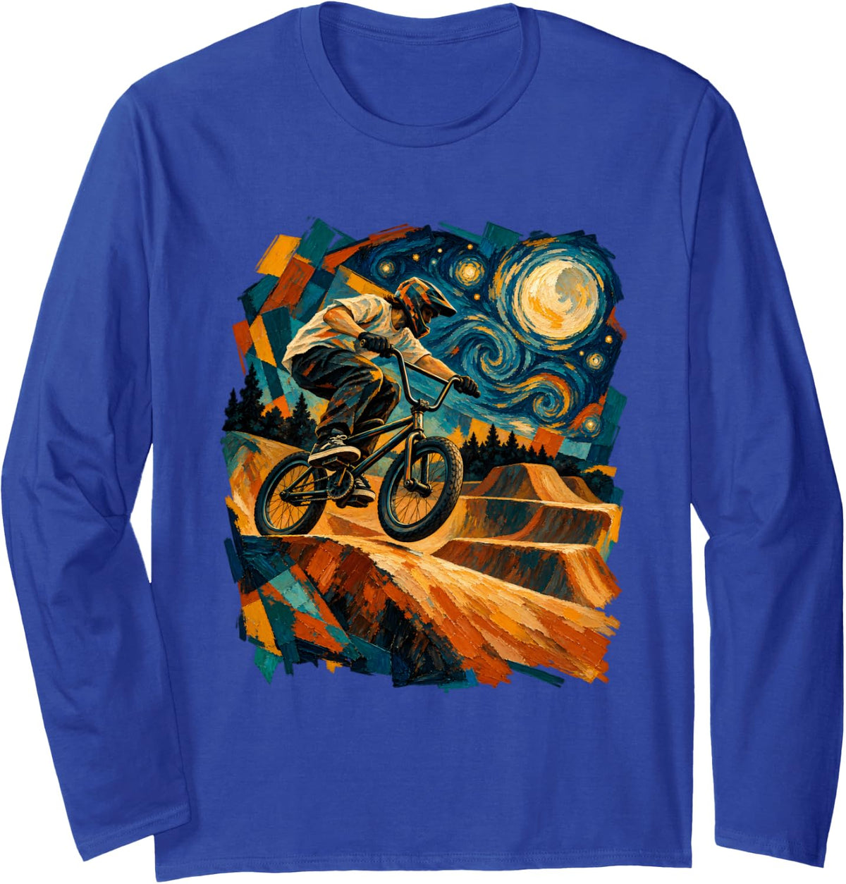 Starry Night BMX Dirt Jump Rider Freestyle Bike Tricks Long Sleeve T-Shirt - Adult Unisex Royal Blue
