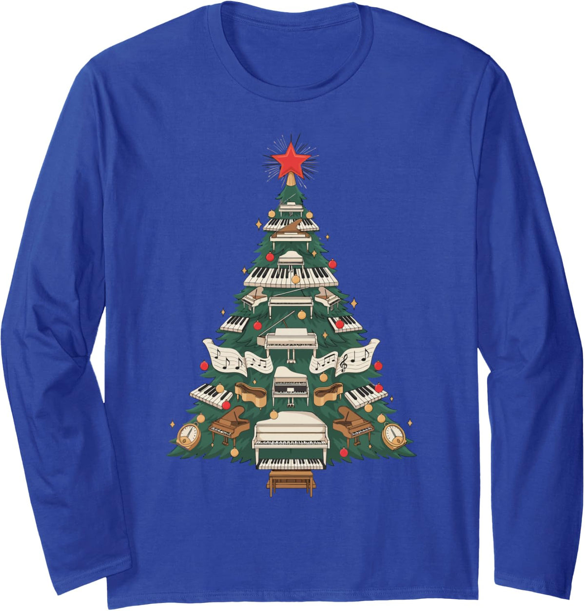 Pianist Christmas Tree Long Sleeve T-Shirt - Adult Unisex Royal Blue