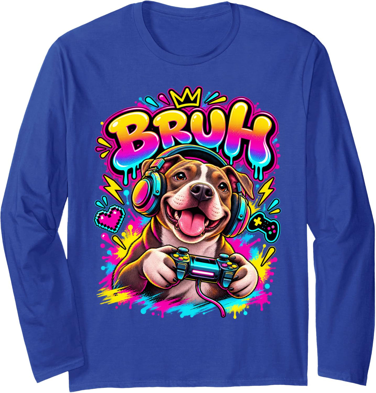 Bruh Pitbull Funny Video Games Boys Animal Lover Long Sleeve T-Shirt - Adult Unisex Royal Blue