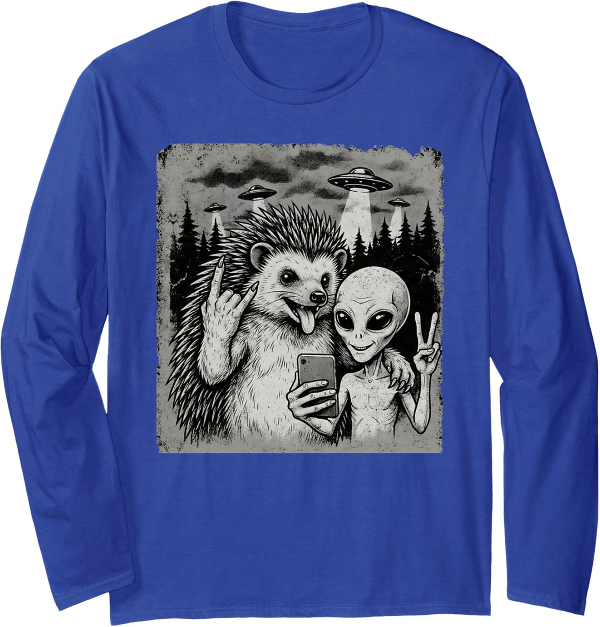 Funny Hedgehog and Alien Rock On Hand Sign UFO Selfie Long Sleeve T-Shirt - Adult Unisex Royal Blue