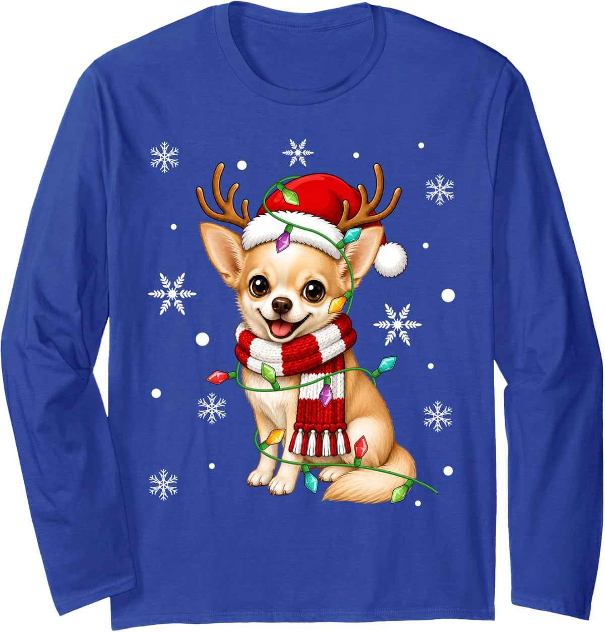Chihuahua Dog Christmas Lights Santa Hat Scarf Xmas Long Sleeve T-Shirt - Adult Unisex Royal Blue