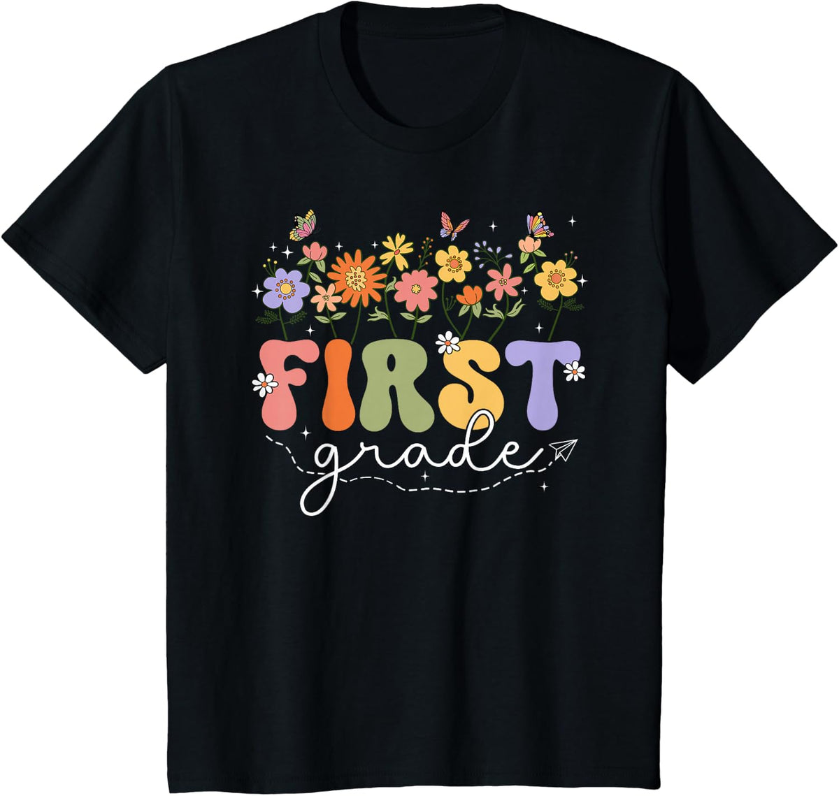 1st First Grade Teacher Wildflower Back To School Floral T-Shirt - Black