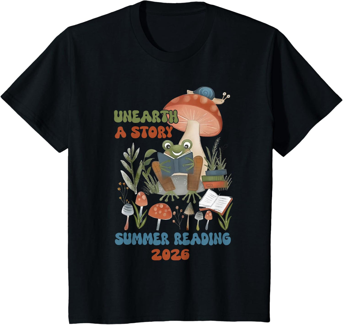 Unearth a Story Summer Reading Program 2026 Frog Book Lover T-Shirt - Black