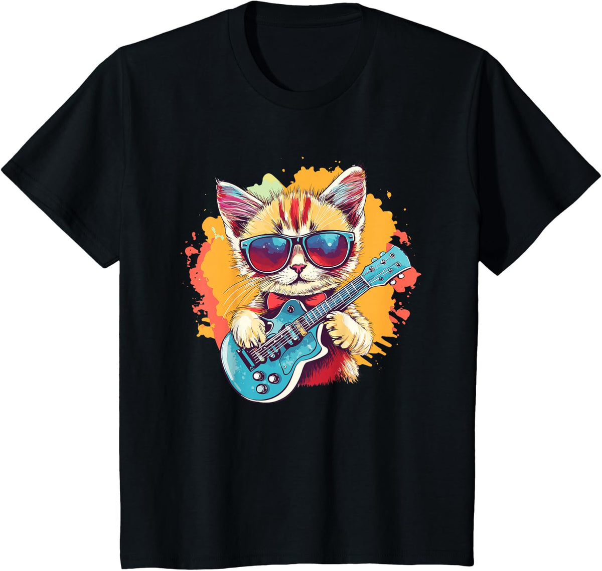 Cat Playing Guitar With Sunglasses Style T-Shirt - Black