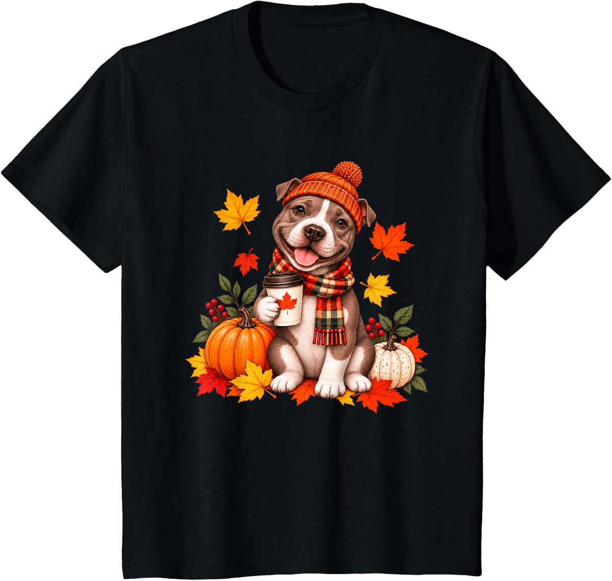 Pitbull Dog Pumpkin Spice Coffee Fall Autumn Thanksgiving T-Shirt - Black