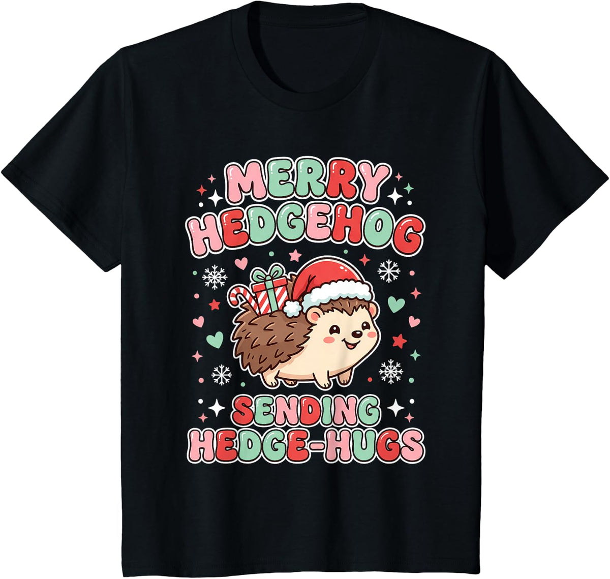 Merry Hedgehog Sending Cute Hugs Graphic T-Shirt - Black