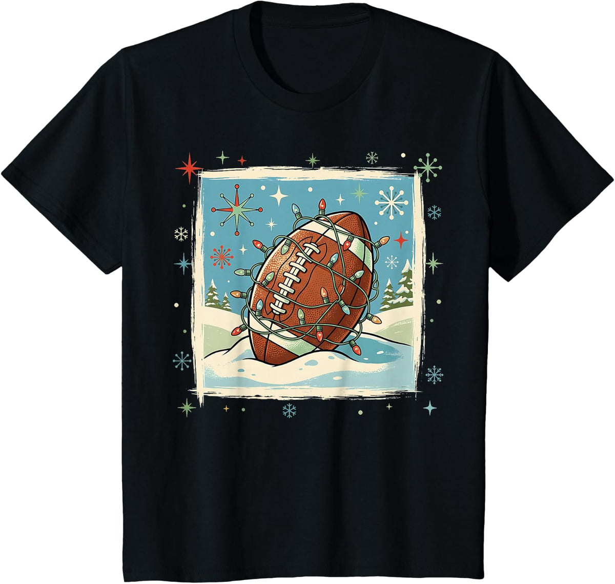 Football Player Coach Team League Snow String Lights Retro T-Shirt - Black