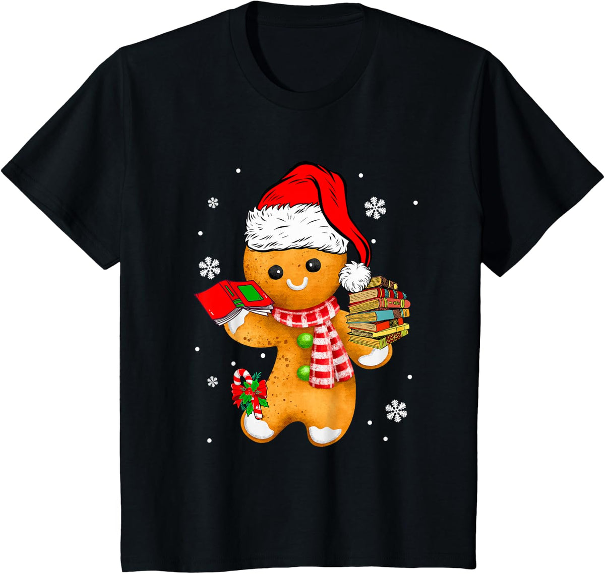 Santa Gingerbread Librarian Holding Books Xmas Cookies Lover T-Shirt - Black