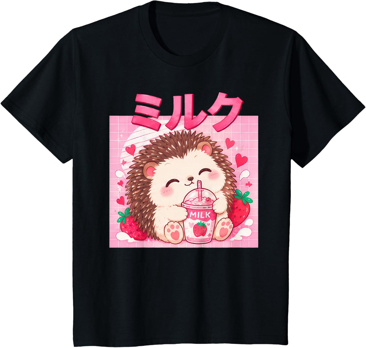 Japanese Strawberry Milk Hedgehog Anime Girl Kawaii Pink T-Shirt - Black