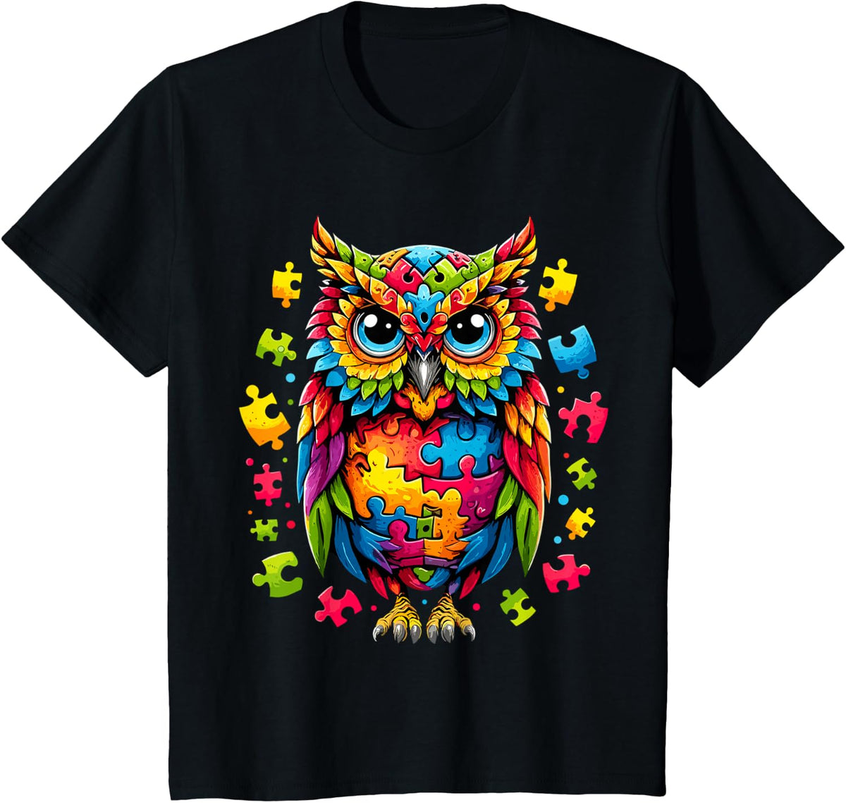 Owl Autism Awareness Puzzle Autism T-Shirt - Black