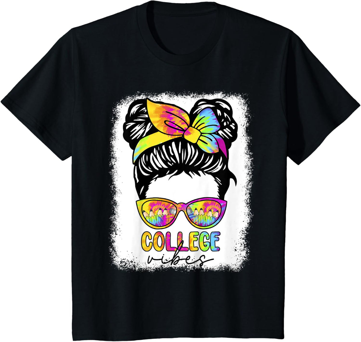 College Vibes Messy Hair Bun Girl Back To School Tees T-Shirt - Black