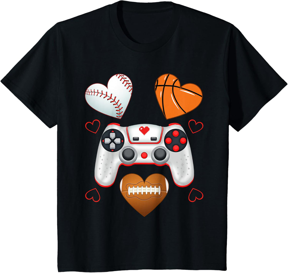 Valentines Day Boys Men Hearts Gaming Basketball Baseball T-Shirt - Black