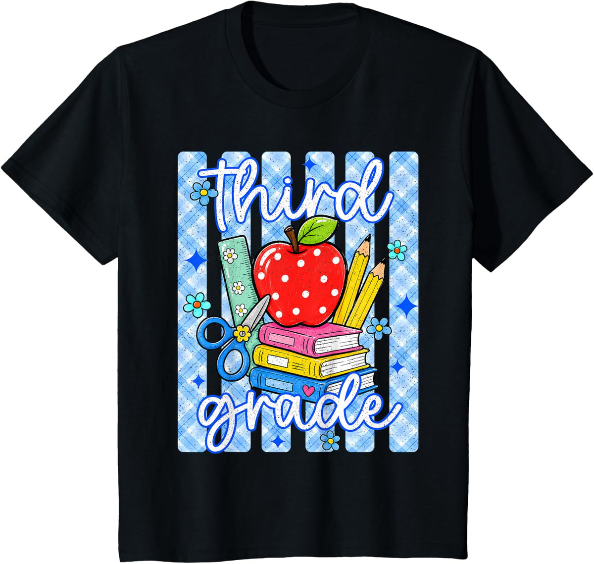 Cute Blue Striped Third Grade T-Shirt for Girls Teachers Back to School Tee - Black