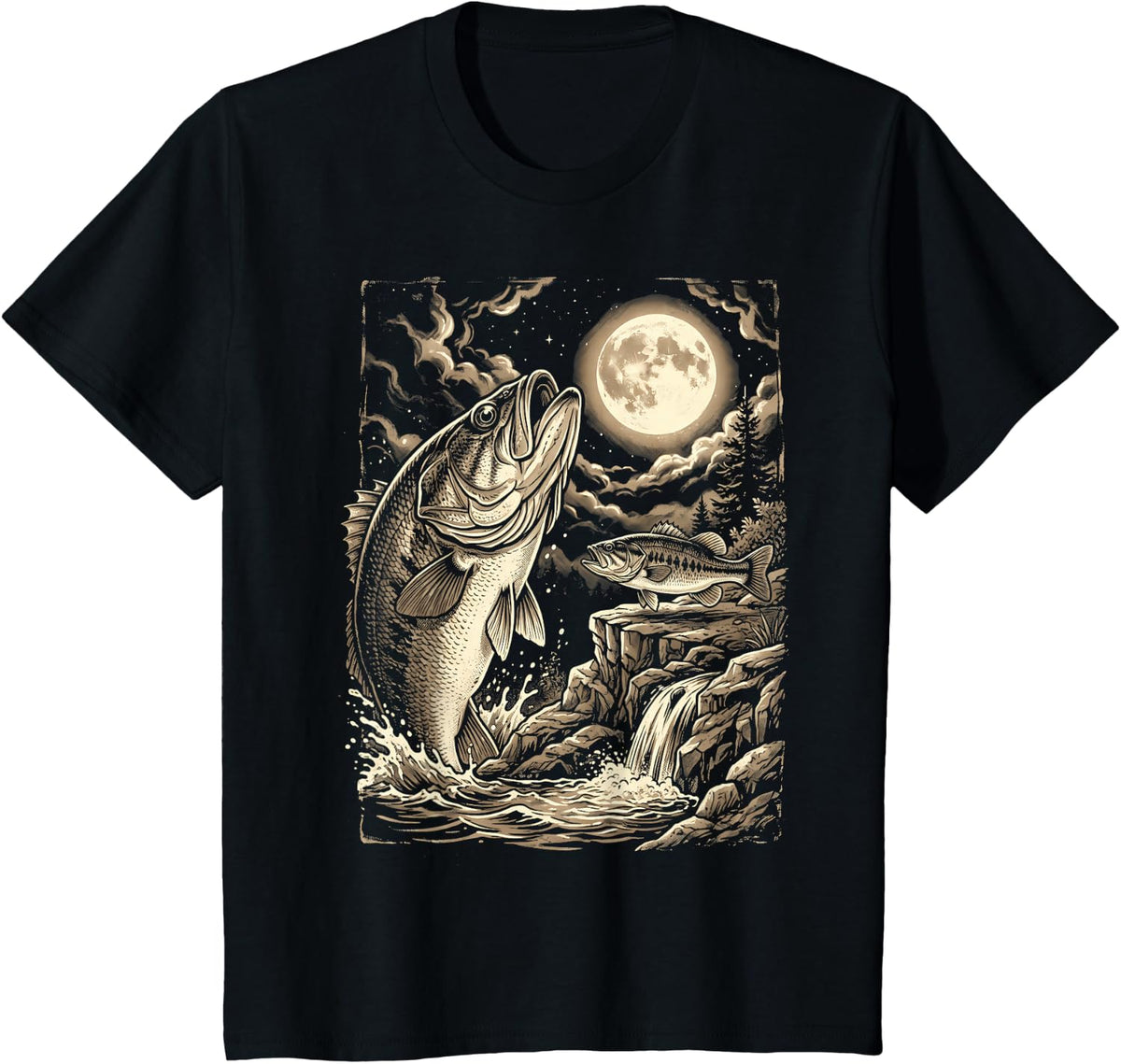 Bass Fish Howling to The Moon Meme 90s Animal T-Shirt - Black