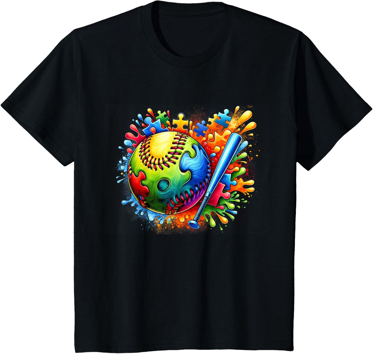 Colorful Softball Autism Awareness Autistic T-Shirt - Black