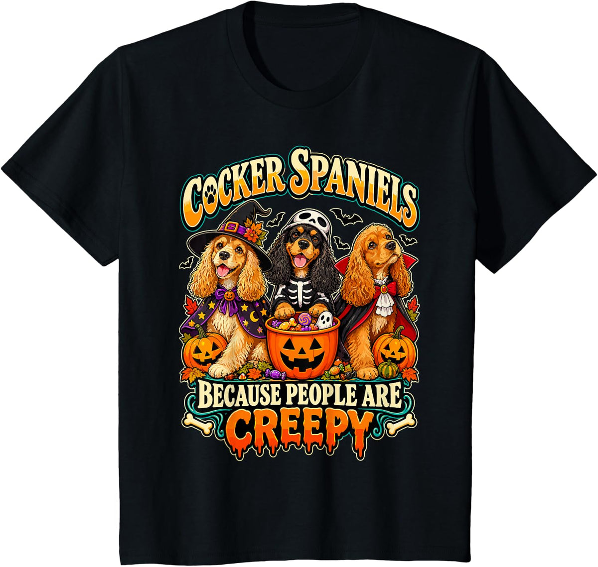 Cocker Spaniel Halloween Because People are Creepy Dog Humor T-Shirt - Black