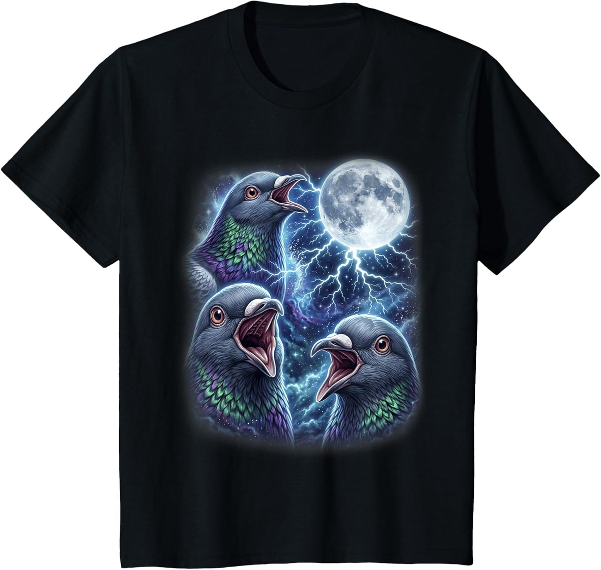 Majestic Three Pigeon Moon Lightning Bird Design T-Shirt - Black