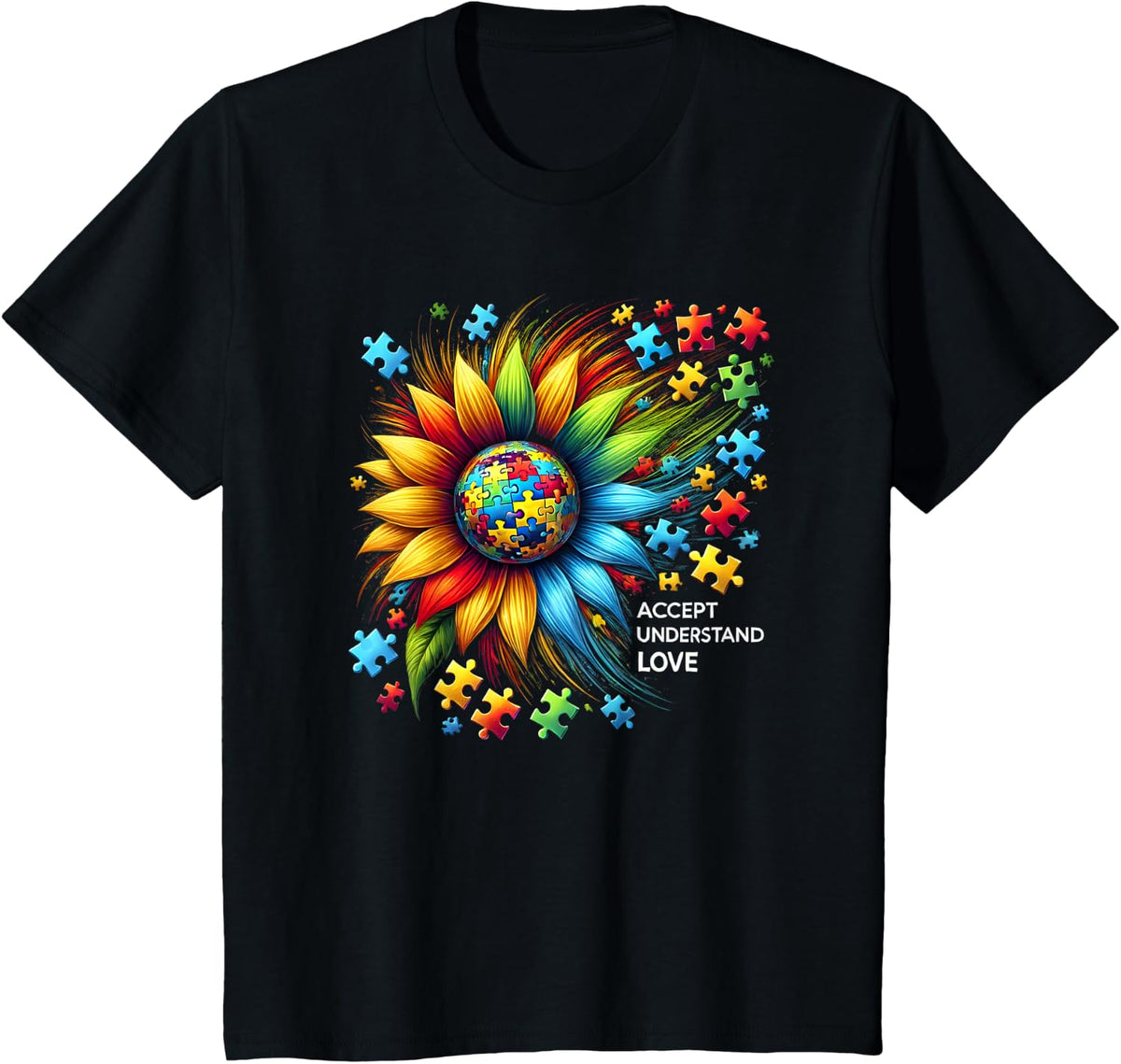 Accept Understand Love Sunflower Autism Awareness Men Women T-Shirt - Black