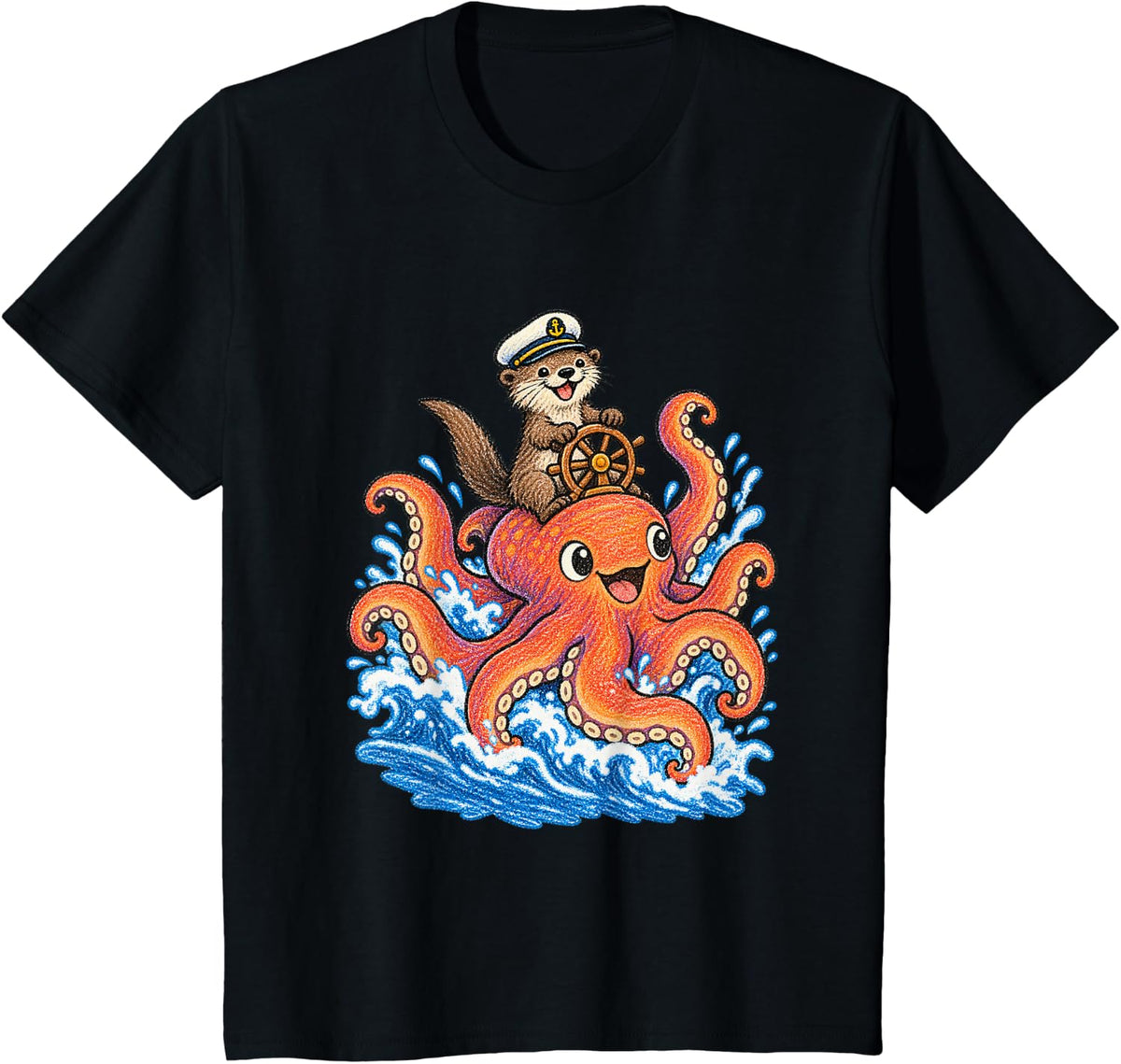 Otter Riding Giant Octopus Funny Animal Meme T-Shirt - Black
