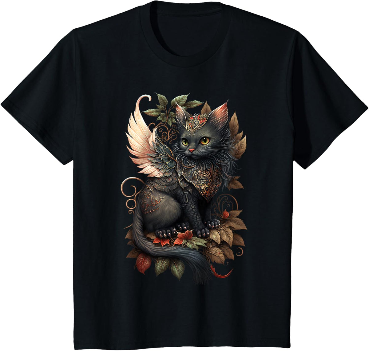 Mystical Black Cat Dragon Fairy: Copper Autumn Whimsy T-Shirt - Black