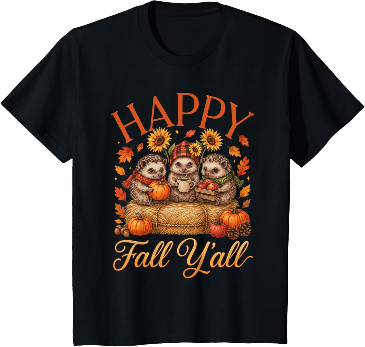 Happy Fall Y'all Cute Hedgehogs Pumpkin Autumn Hedgehog T-Shirt - Black